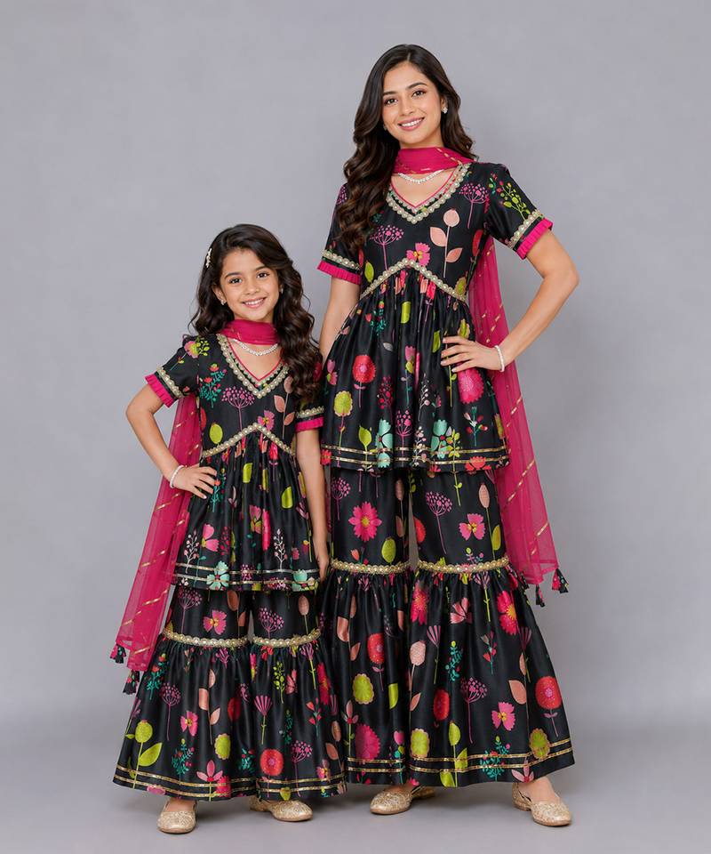 Mother daughter black print multicolor sharara set