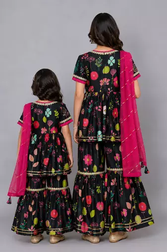 Mother daughter black print multicolor sharara set