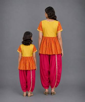 Mother daughter embroidered orange yellow dhoti set 2