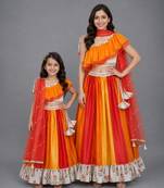Mother daughter orange yellow frill organza lehenga set
