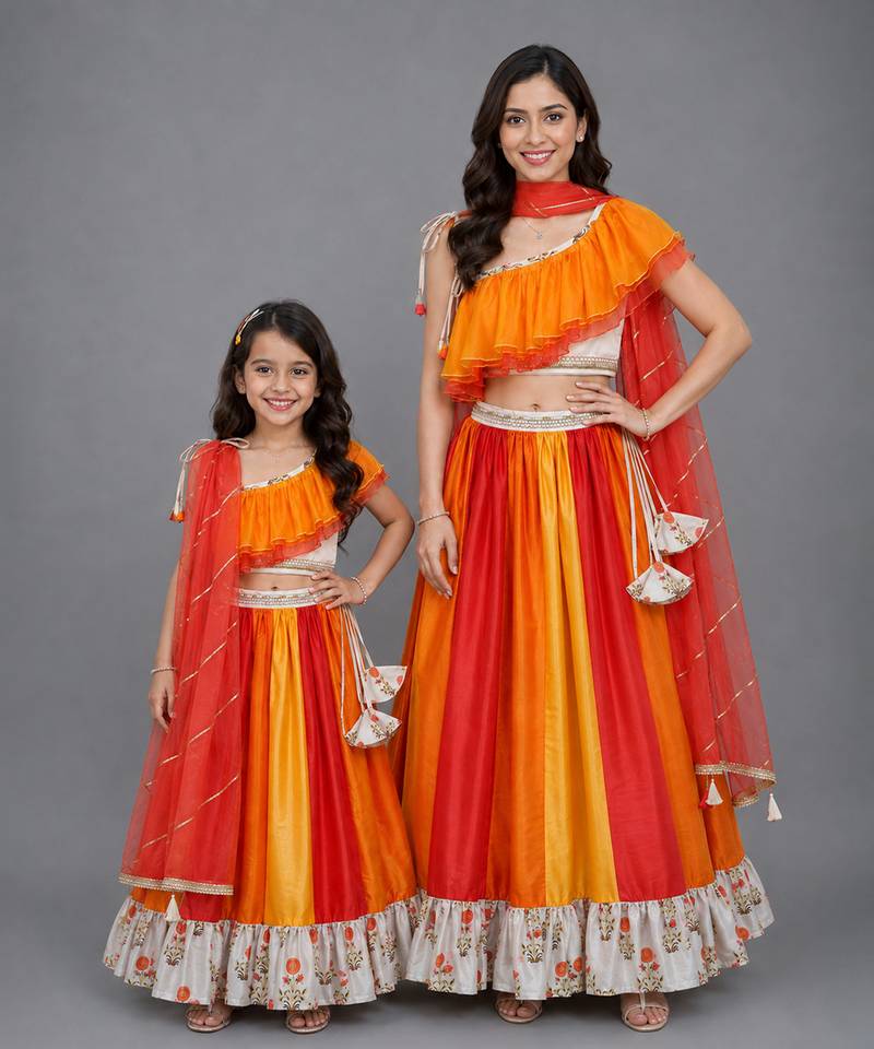 Mother daughter orange yellow frill organza lehenga set