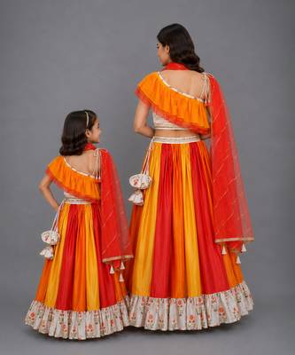 Mother daughter orange yellow frill organza lehenga set 2
