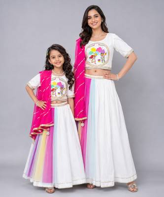 Mother daughter holi printed white lehenga set 1