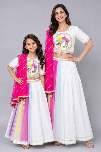 Mother daughter holi printed white lehenga set