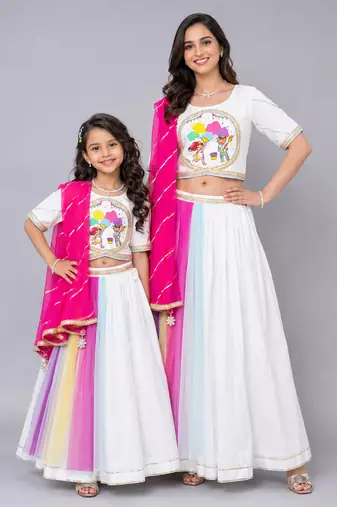 Mother daughter holi printed white lehenga set