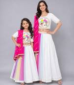 Mother daughter holi printed white lehenga set