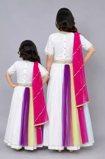 Mother daughter holi printed white lehenga set