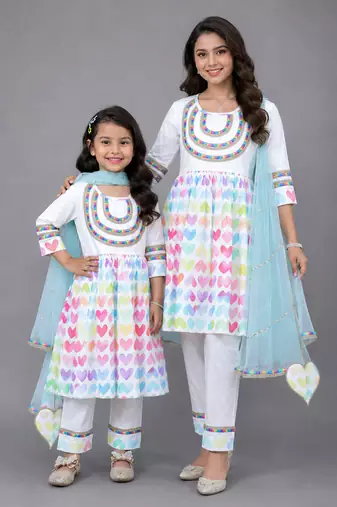 Mother daughter white multicolor heart printed kurta set