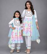Mother daughter white multicolor heart printed kurta set