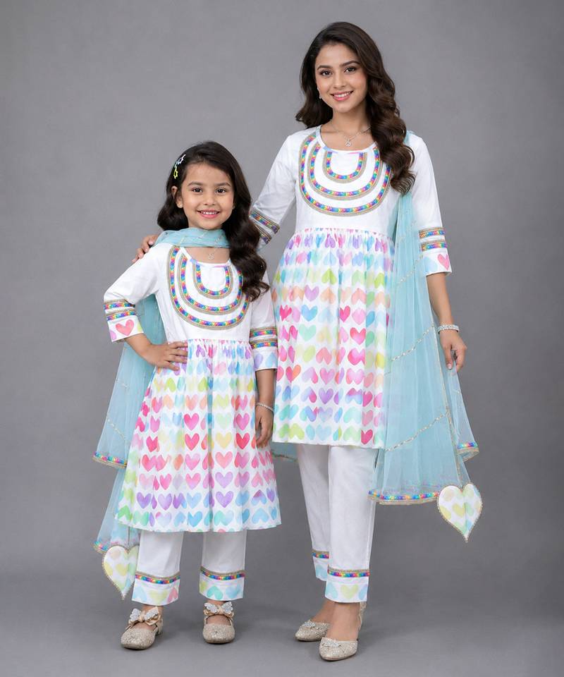 Mother daughter white multicolor heart printed kurta set