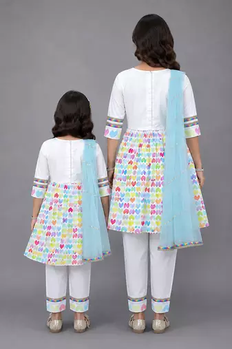 Mother daughter white multicolor heart printed kurta set