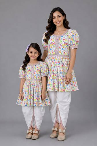Mother daughter multicolor holi kurta dhoti set