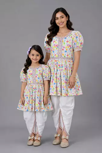 Mother daughter multicolor holi kurta dhoti set