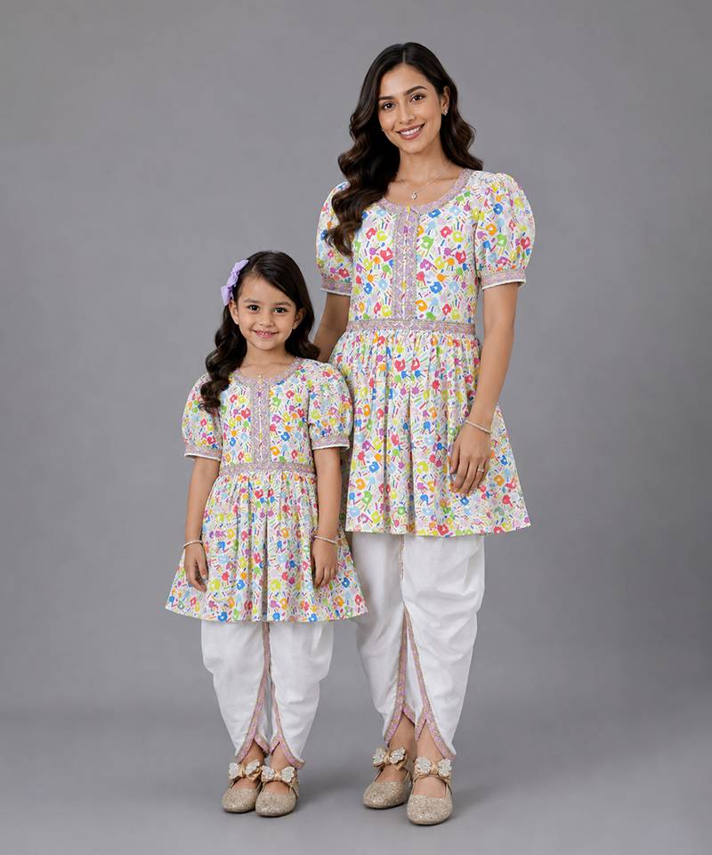 Mother daughter multicolor holi kurta dhoti set