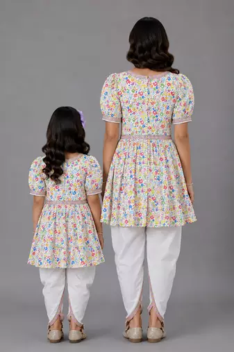 Mother daughter multicolor holi kurta dhoti set