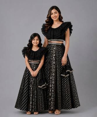 Mother daughter black embroidered organza lehenga set 1