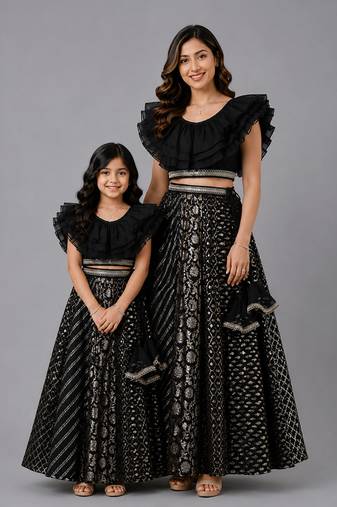 Mother daughter black embroidered organza lehenga set