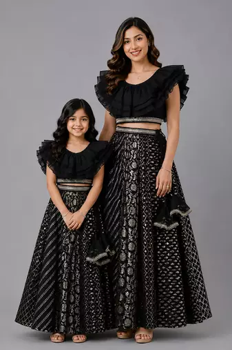 Mother daughter black embroidered organza lehenga set