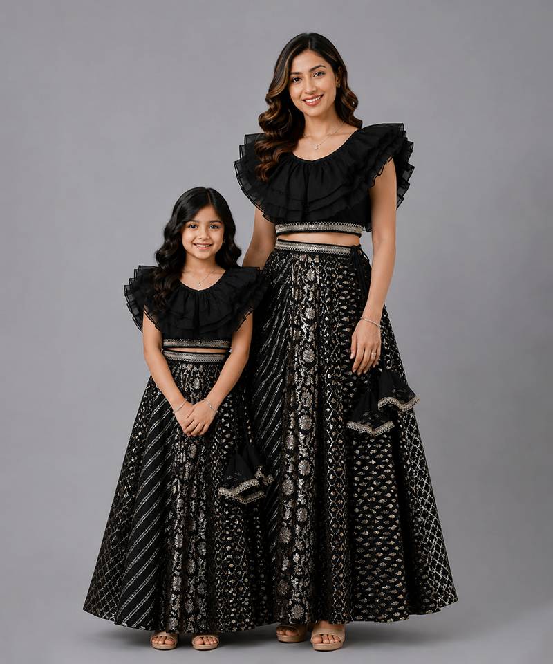 Mother daughter black embroidered organza lehenga set