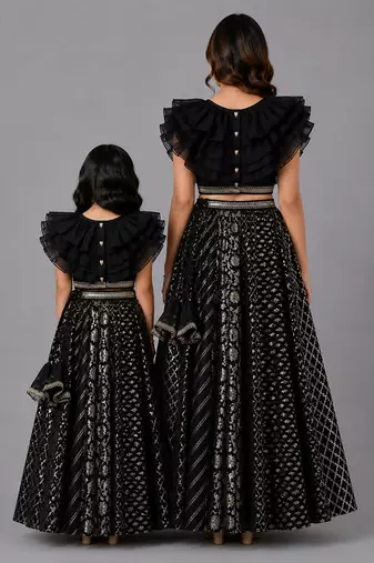 Mother daughter black embroidered organza lehenga set