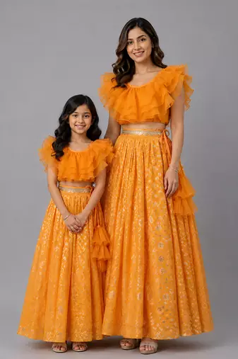 Mother daughter orange embroidered organza lehenga set