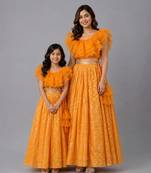 Mother daughter orange embroidered organza lehenga set