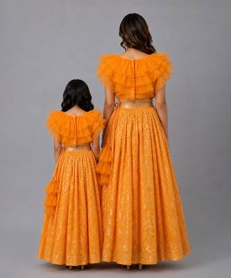 Mother daughter orange embroidered organza lehenga set 2