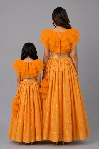 Mother daughter orange embroidered organza lehenga set