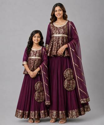 Mother daughter purple embroidered cotton silk lehenga set 1