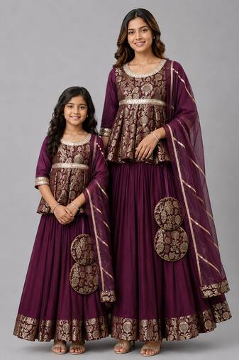 Mother daughter purple embroidered cotton silk lehenga set
