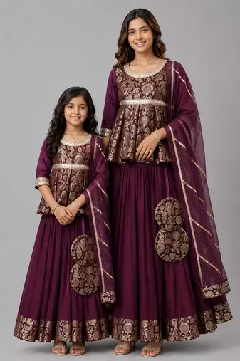 Mother daughter purple embroidered cotton silk lehenga set