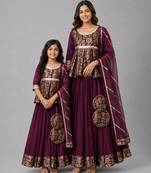 Mother daughter purple embroidered cotton silk lehenga set