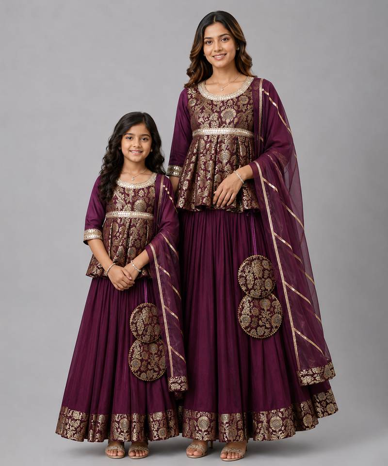 Mother daughter purple embroidered cotton silk lehenga set