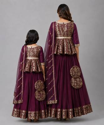 Mother daughter purple embroidered cotton silk lehenga set 2