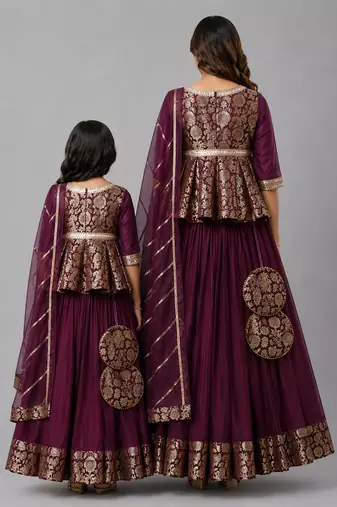 Mother daughter purple embroidered cotton silk lehenga set