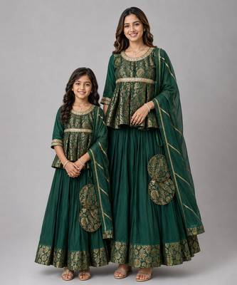 Mother daughter green embroidered cotton silk lehenga set 1