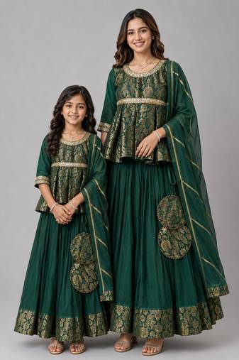 Mother daughter green embroidered cotton silk lehenga set