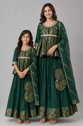 Mother daughter green embroidered cotton silk lehenga set