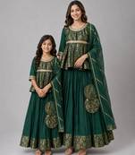 Mother daughter green embroidered cotton silk lehenga set