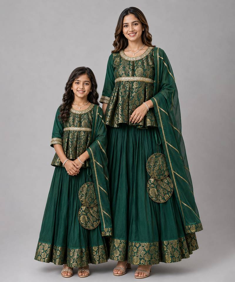 Mother daughter green embroidered cotton silk lehenga set