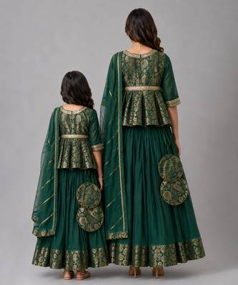 Mother daughter green embroidered cotton silk lehenga set 2