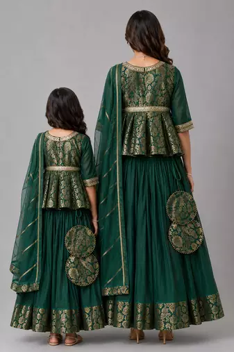 Mother daughter green embroidered cotton silk lehenga set