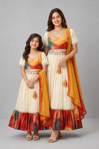Mother daughter multicolor printed cotton silk lehenga set