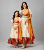 Mother daughter multicolor printed cotton silk lehenga set