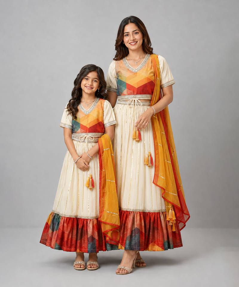 Mother daughter multicolor printed cotton silk lehenga set