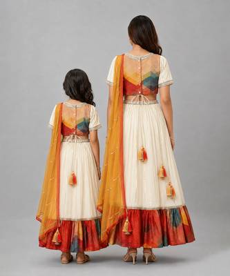 Mother daughter multicolor printed cotton silk lehenga set 2
