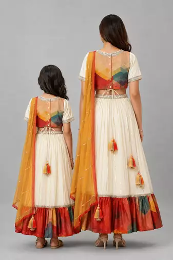 Mother daughter multicolor printed cotton silk lehenga set