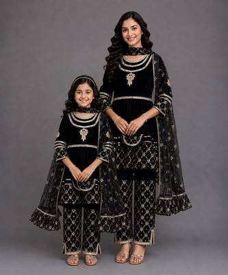 Mother daughter black embroidered velvet kurta set 1