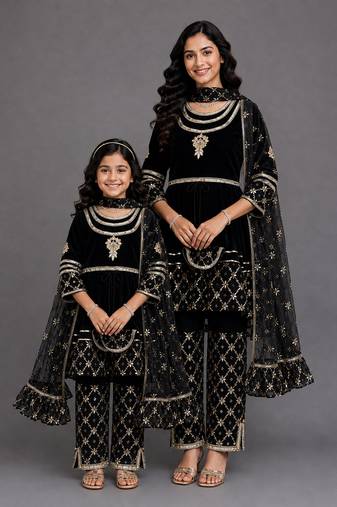 Mother daughter black embroidered velvet kurta set