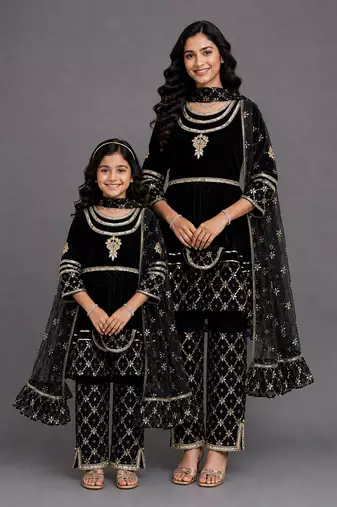 Mother daughter black embroidered velvet kurta set